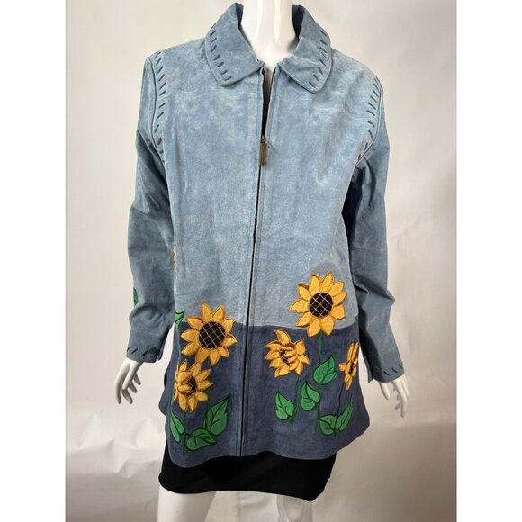 The Quacker Factory Womens Medium Blue Leather Jacket With Sunflower Embroidery - Picture 1 of 16